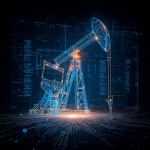Stylized digital illustration of an oil pumpjack rendered as a glowing blue wireframe with orange highlights, set against a dark background filled with circuit-like patterns and data grids, evoking the integration of energy infrastructure and advanced digital technology.